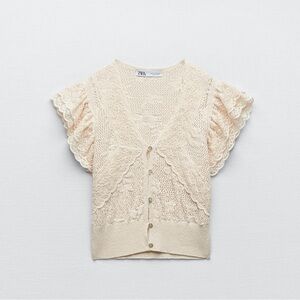 Zara Soft Cream Crochet Lace Button Cardigan Top